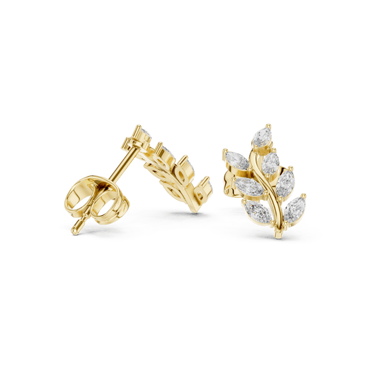 14K Gold Elegant Laurel Leaf Vine Drop Lab Diamond Stud Earrings