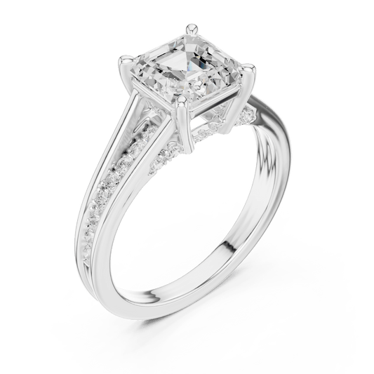 Asscher Cut Solitaire Ring with Pave Split Shank in 925 Sterling Silver