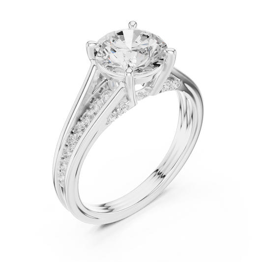 Round Cut Solitaire Ring with Channel Accent Band in 925 Silver