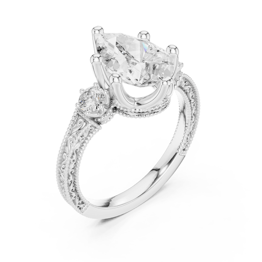 Pear Cut Lab Grown Diamond Ring with Side Accents & Pave Split Shank in 925 Sterling Silver