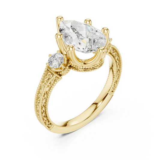 Pear Lab Grown Diamond Three Stone Ring with Engraved Filigree Band in 14KT Gold