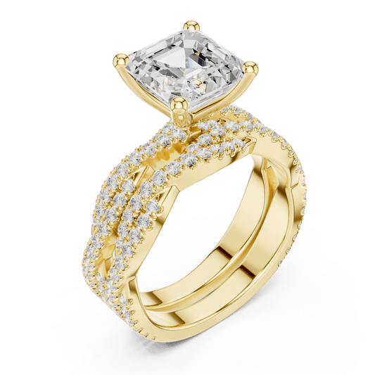 Contemporary Crossover Shoulder Asscher Cut Lab Diamond Gold Solitaire Ring