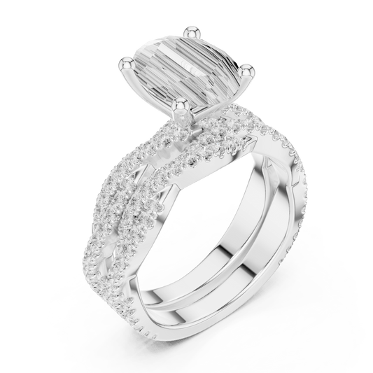 Oval Cut Solitaire Ring with Criss Cross Multi-Row Pave Band in 925 Sterling Silver