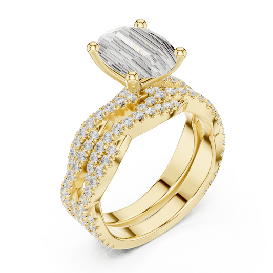 Oval Shape Lab Grown Solitaire with Woven Pave Band in Solid Gold