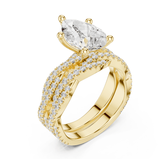 Tear-Drop Lab Grown Solitaire with Woven Pave Band in 14KT Solid Gold