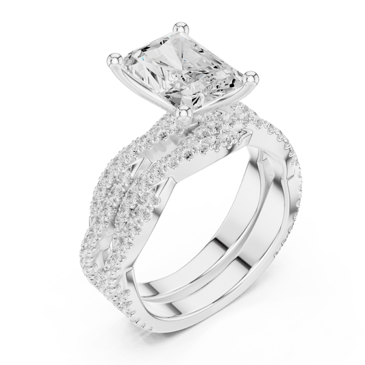 Radiant Cut Solitaire Ring with Criss Cross Lab Grown Diamond Twisted Pave Engagement Ring