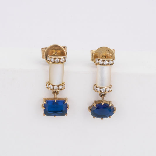 Blue Sapphire Drop Pave Diamond Mother of Pearl Earrings in 14K Solid Gold