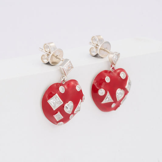 Scattered Multi-Shape Diamond Red Enamel Heart Dangle Earrings in 14K Solid Gold