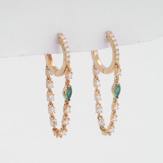 Green Emerald Marquise Accent Diamond Dangle Chain Huggie Earrings in 14K Solid Gold