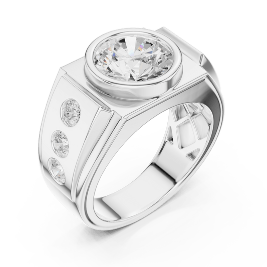 Round Bezel Solitaire Accent Shoulder Men's Signet Ring Lab Grown Diamond