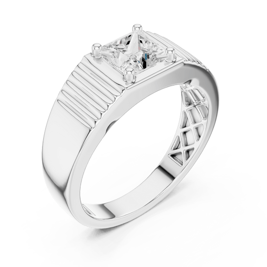Princess Cut Solitaire Ribbed Shoulder Men's Signet Lab Grown Diamond Ring