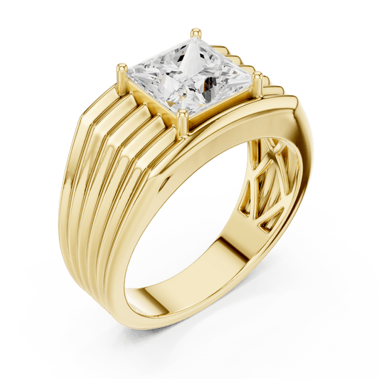 Yellow Solid Gold Princess-Cut Diamond Horizontal Ribbed Men's Ring