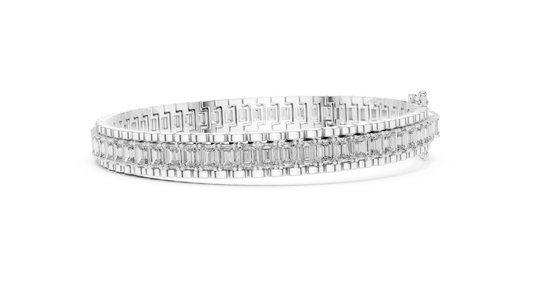 Emerald Cut Lab Diamond Channel Line Bracelet with Pave Halo Borders in 925 Sterling Silver