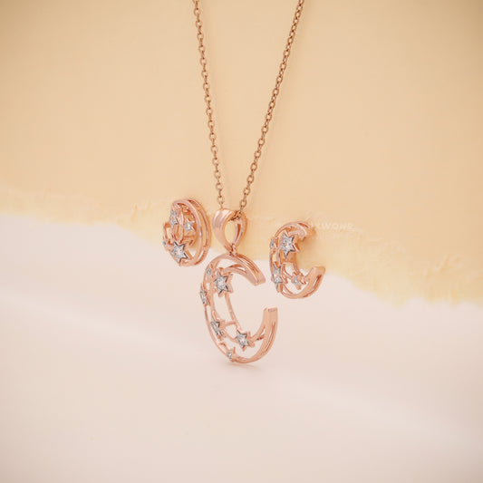 14KT Solid Rose Gold Crescent Moon & Stars Diamond Pendant Set