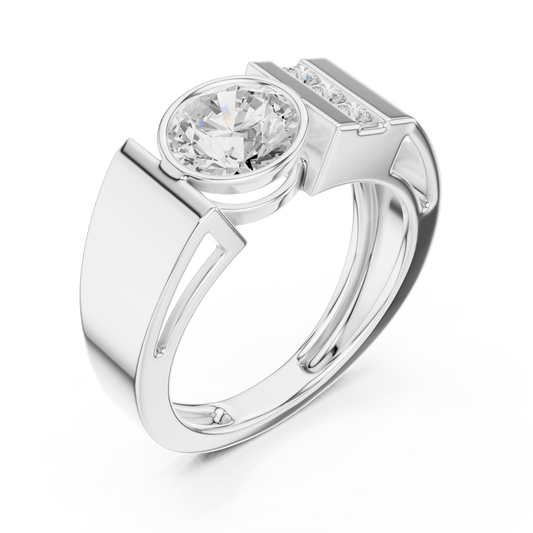Round Bezel Set Lab Grown Diamond Ring with Side Channel Accents in 925 Silver