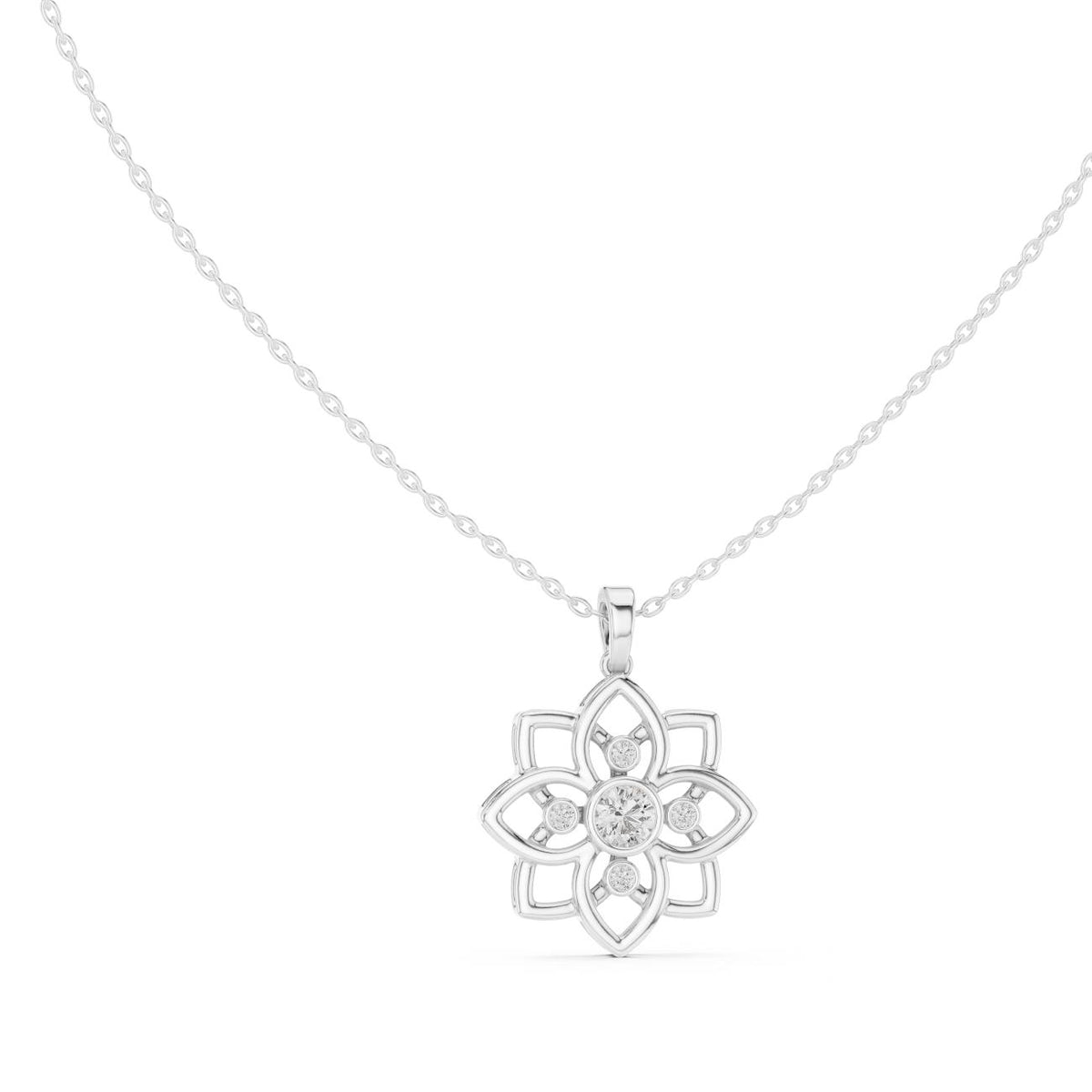 Openwork Lotus Mandala Lab Grown Diamond Pendant Necklace