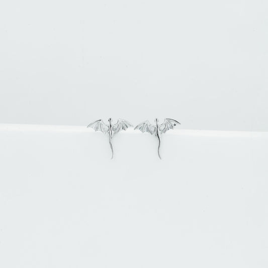 Detailed Winged Dragon Post Stud Earrings in 925 Sterling Silver