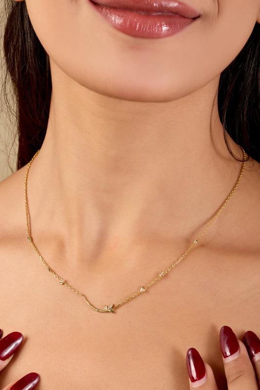 14K Solid Gold Curved Botanical Leaf Bar Moissanite Pendant Necklace