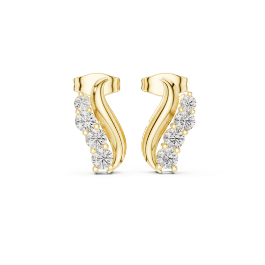 Yellow Gold Wave Ribbon Round Diamond Ear Climber Earrings