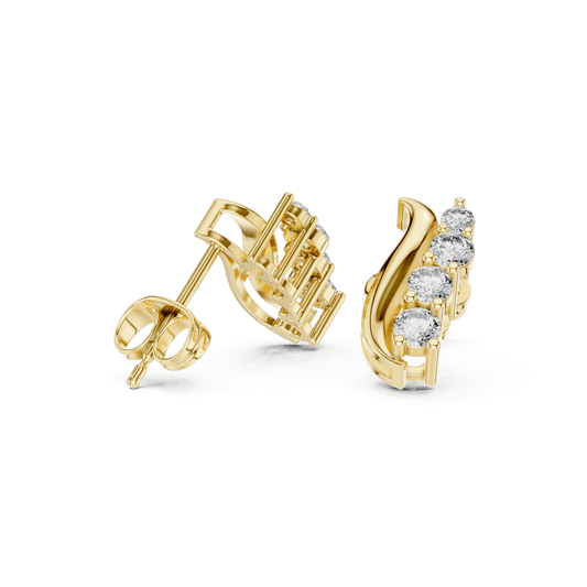 Yellow Gold Wave Ribbon Round Diamond Ear Climber Earrings