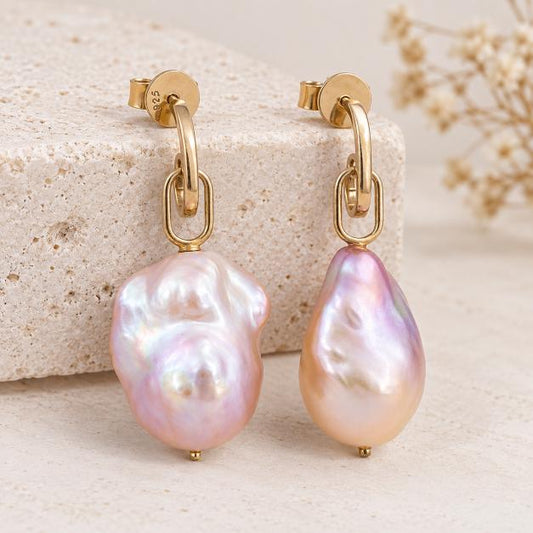 Textured 14K Gold Wire Link Baroque Pearl Dangle Earrings