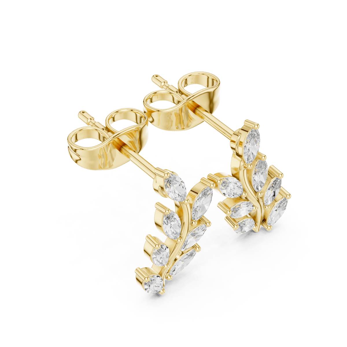 14K Gold Elegant Laurel Leaf Vine Drop Lab Diamond Stud Earrings