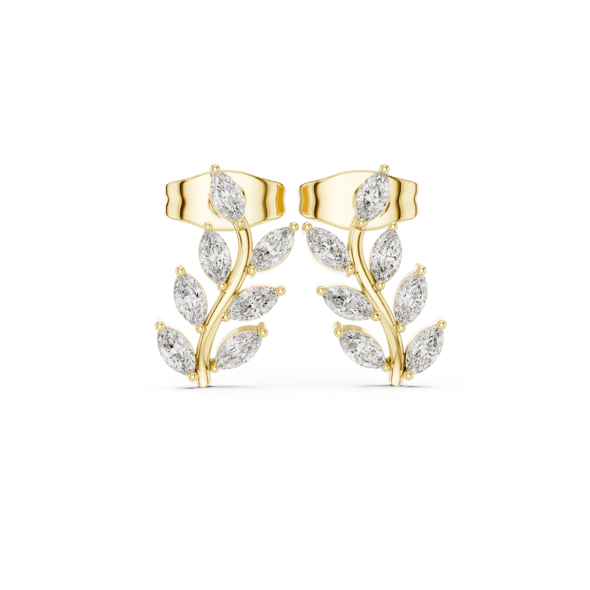 14K Gold Elegant Laurel Leaf Vine Drop Lab Diamond Stud Earrings
