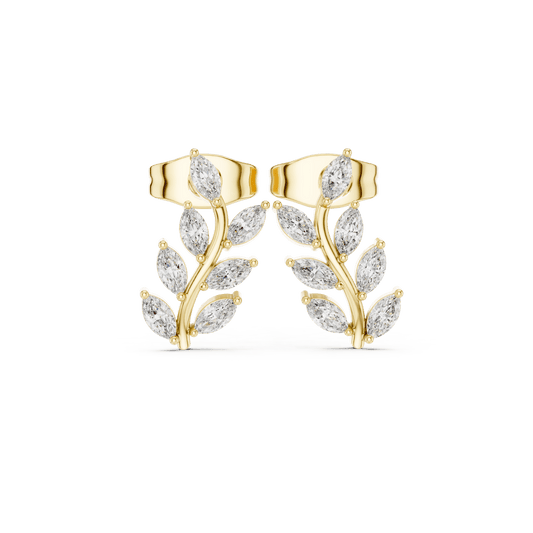 14K Gold Elegant Laurel Leaf Vine Drop Lab Diamond Stud Earrings