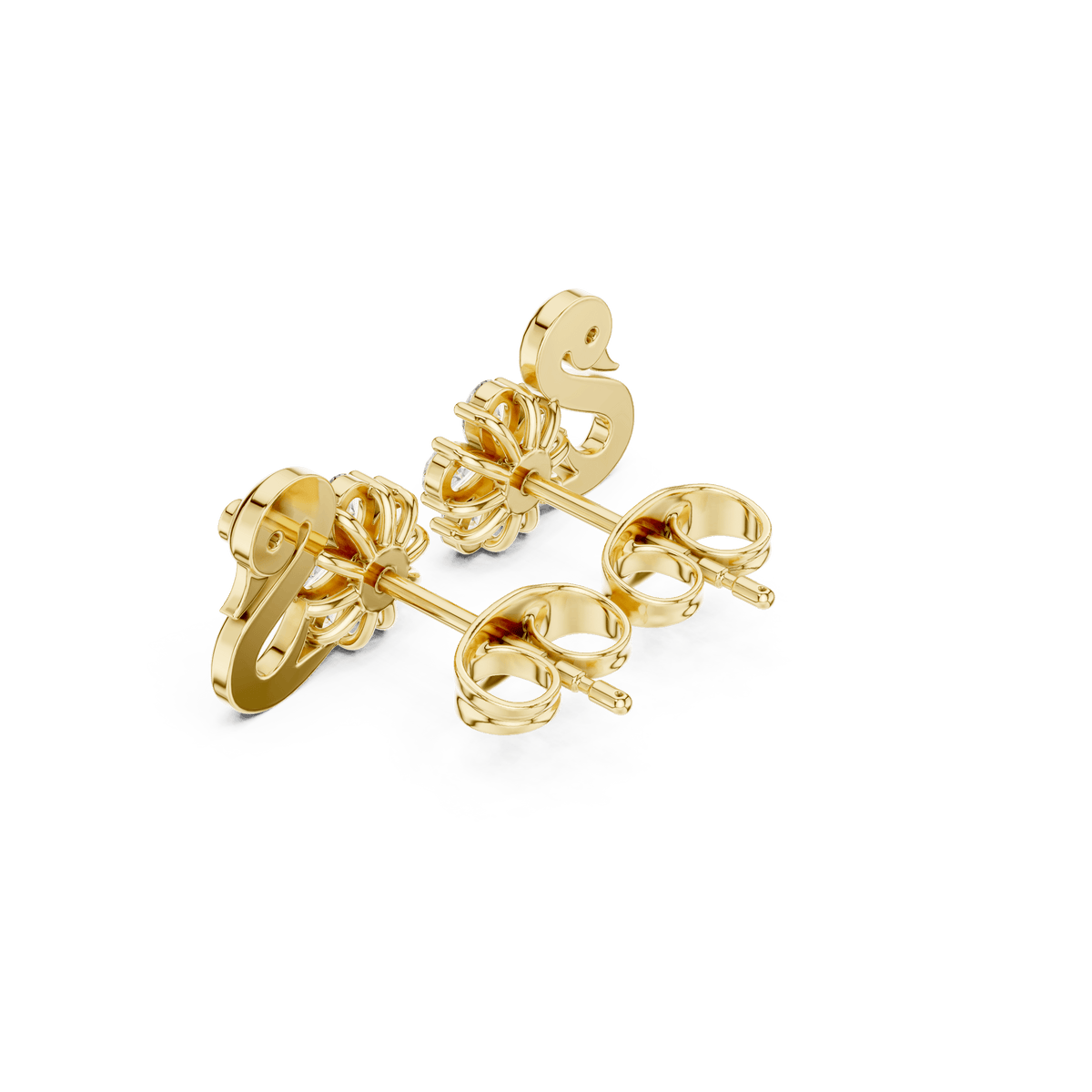 Solid Gold Graceful Swan & Floral Cluster Diamond Stud Earrings