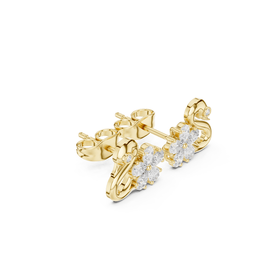Solid Gold Graceful Swan & Floral Cluster Diamond Stud Earrings