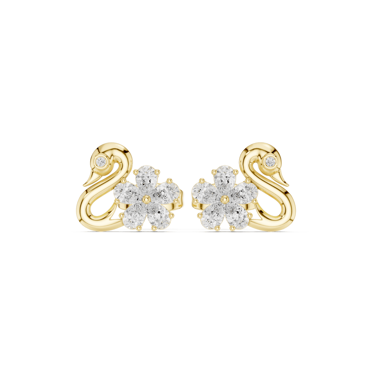 Solid Gold Graceful Swan & Floral Cluster Diamond Stud Earrings