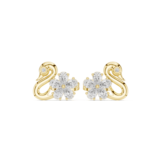 Solid Gold Graceful Swan & Floral Cluster Diamond Stud Earrings