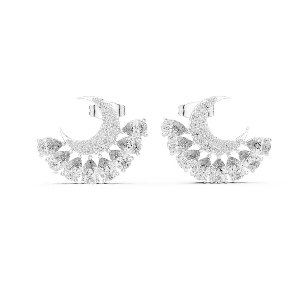 Celestial Crescent Moon Sunburst Pear Diamond Jacket Earrings in 925 Sterling Silver