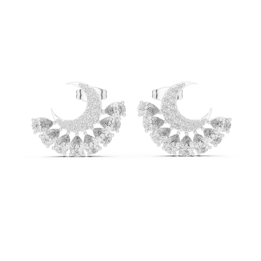 Celestial Crescent Moon Sunburst Pear Diamond Jacket Earrings in 925 Sterling Silver