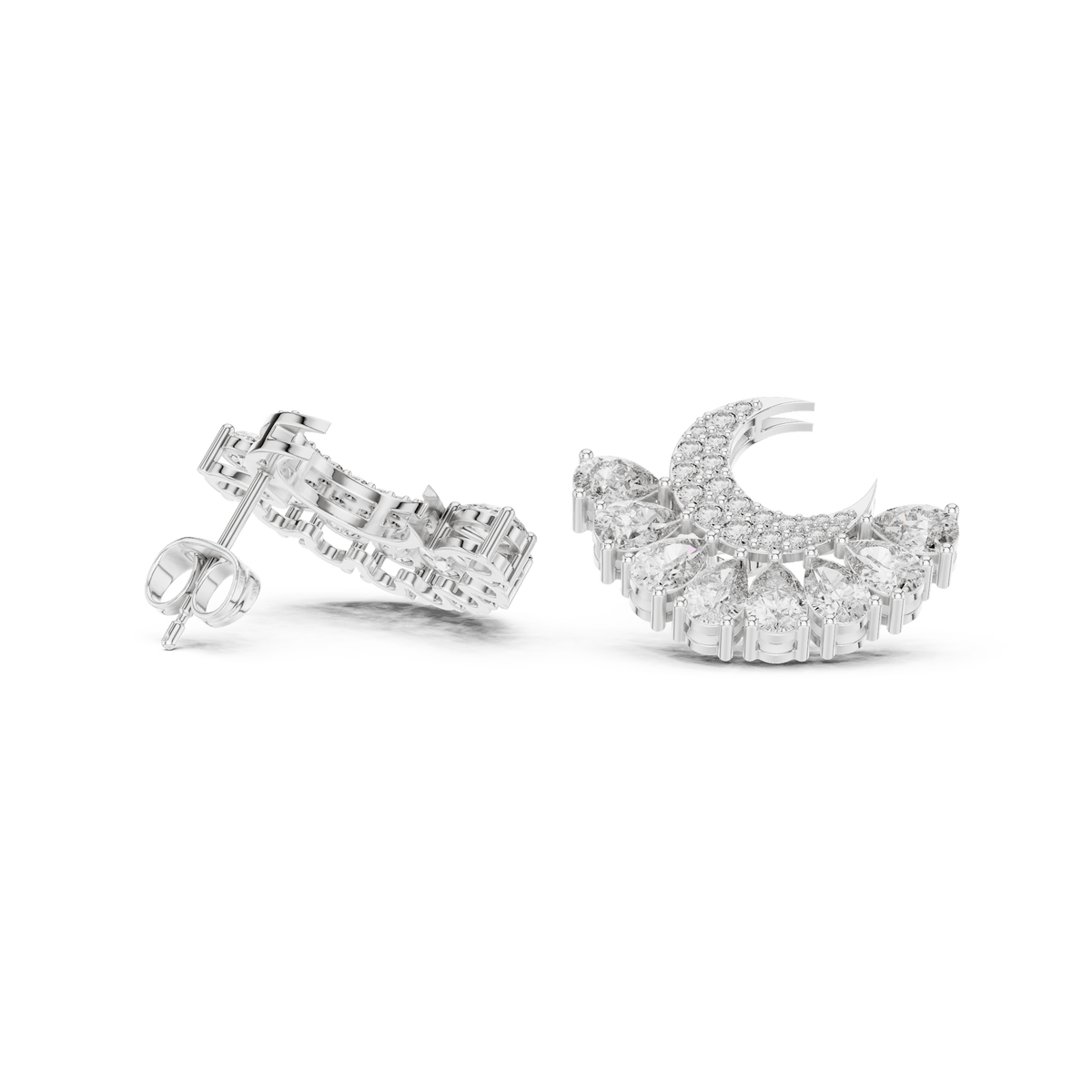 Celestial Crescent Moon Sunburst Pear Diamond Jacket Earrings in 925 Sterling Silver