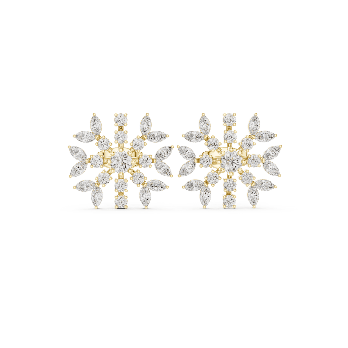 Yellow Gold Snowflake Marquise & Round Diamond Stud Earrings