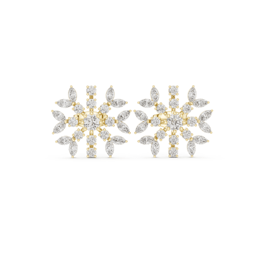 Yellow Gold Snowflake Marquise & Round Diamond Stud Earrings