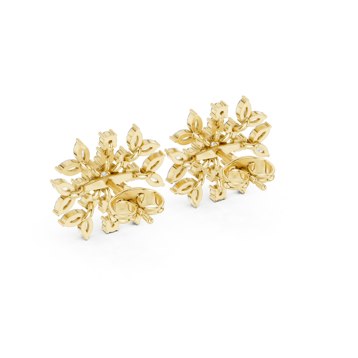 Yellow Gold Snowflake Marquise & Round Diamond Stud Earrings