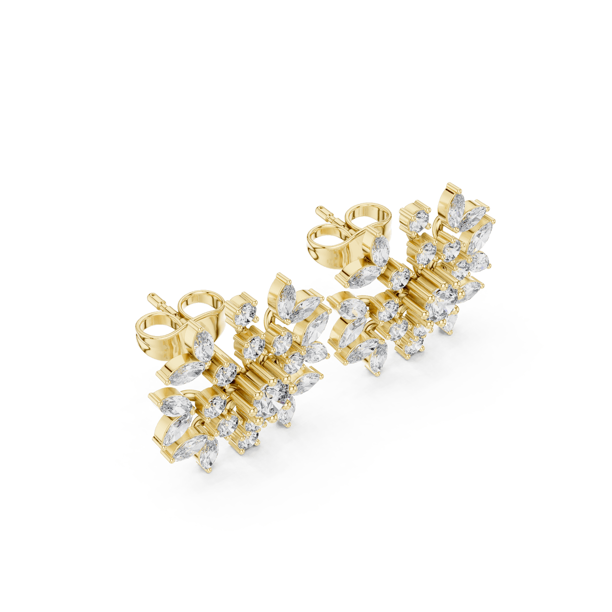 Yellow Gold Snowflake Marquise & Round Diamond Stud Earrings