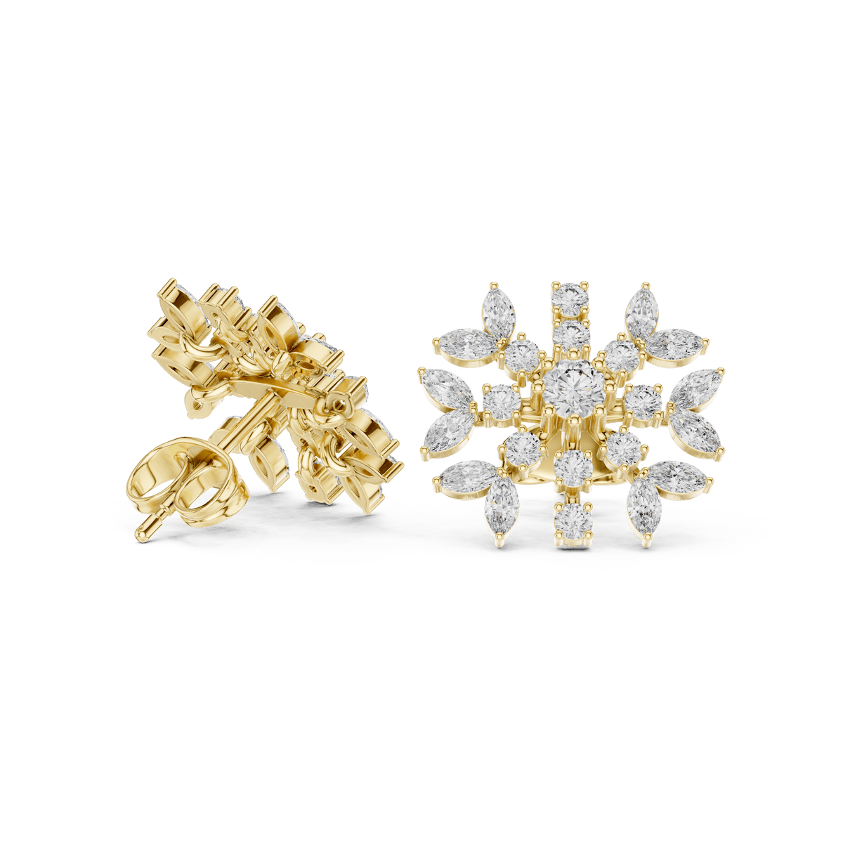 Yellow Gold Snowflake Marquise & Round Diamond Stud Earrings