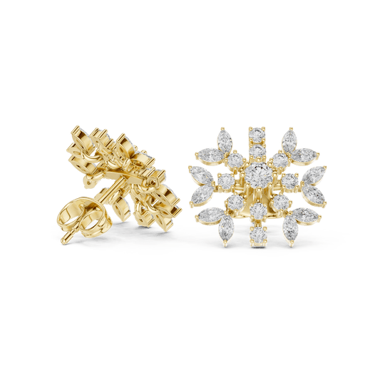 Yellow Gold Snowflake Marquise & Round Diamond Stud Earrings