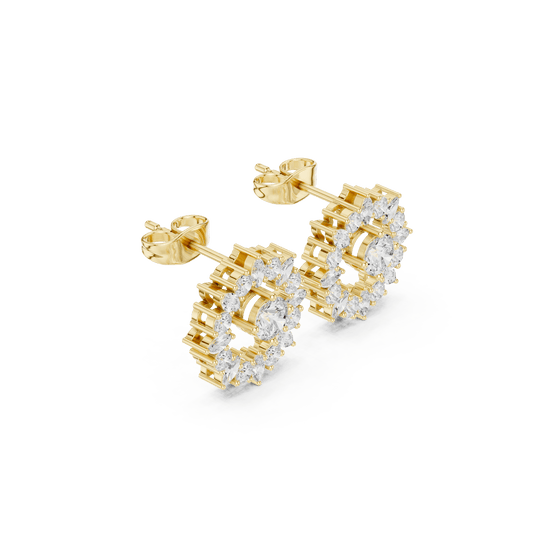 Yellow Gold Floating Round & Marquise Diamond Open Halo Stud Earrings