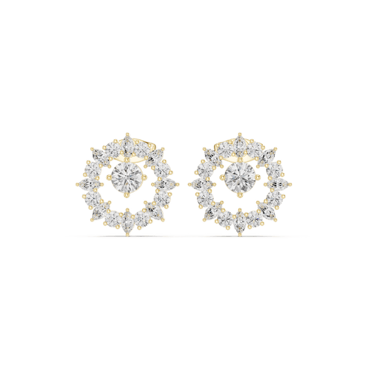 Yellow Gold Floating Round & Marquise Diamond Open Halo Stud Earrings