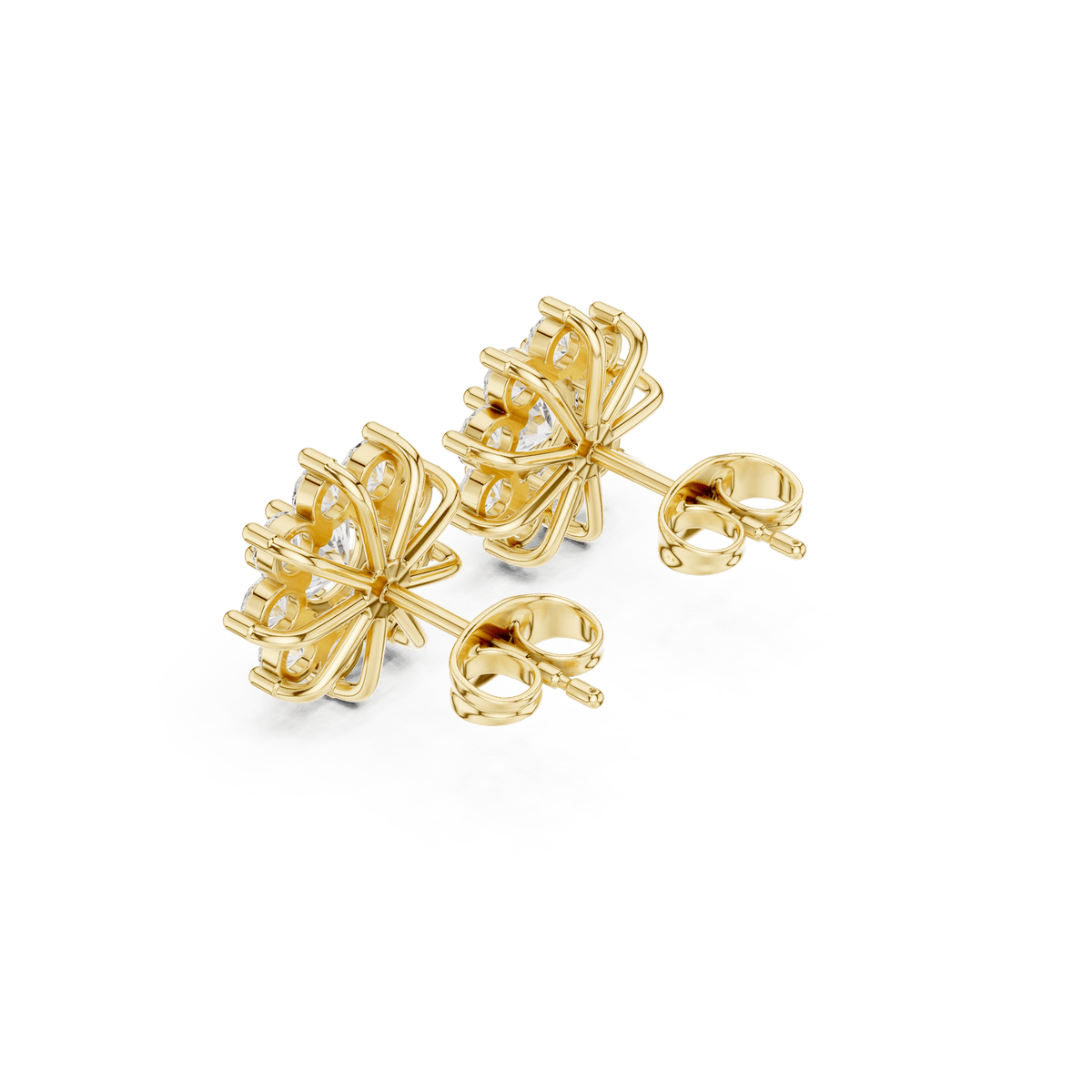 Solid Gold Double Cluster Round Diamond Floral Stud Earrings