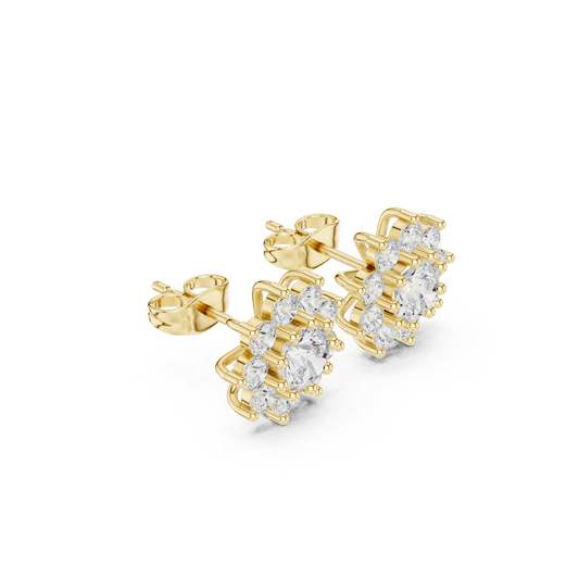 Solid Gold Double Cluster Round Diamond Floral Stud Earrings