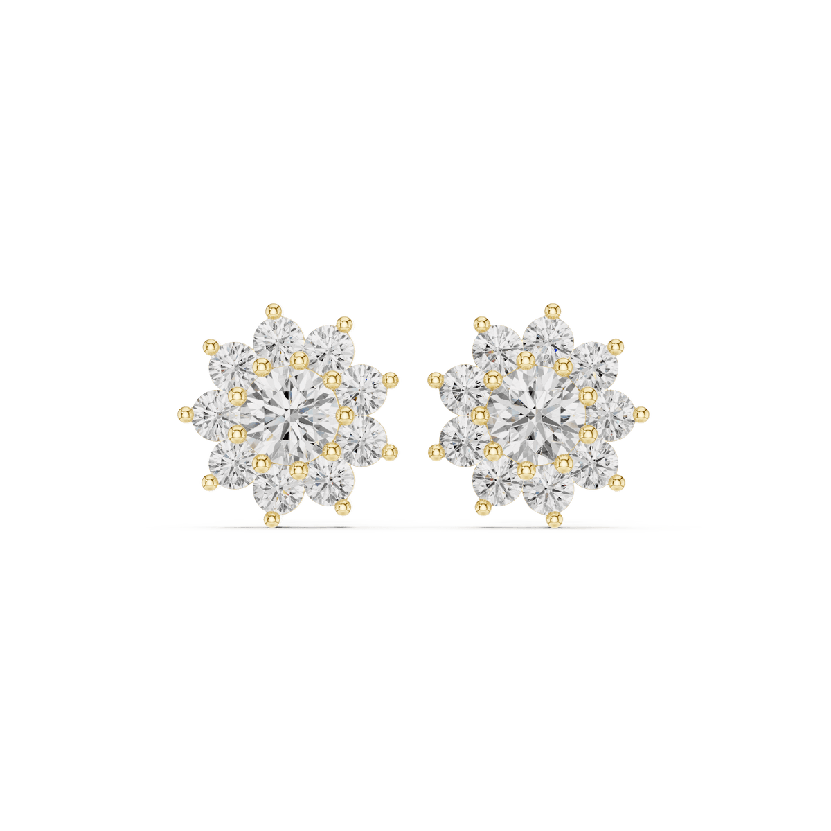Solid Gold Double Cluster Round Diamond Floral Stud Earrings