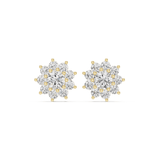 Solid Gold Double Cluster Round Diamond Floral Stud Earrings