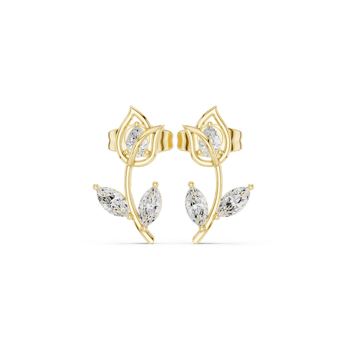  Tulip Flower Marquise Diamond Drop Stud Earrings in Solid Gold