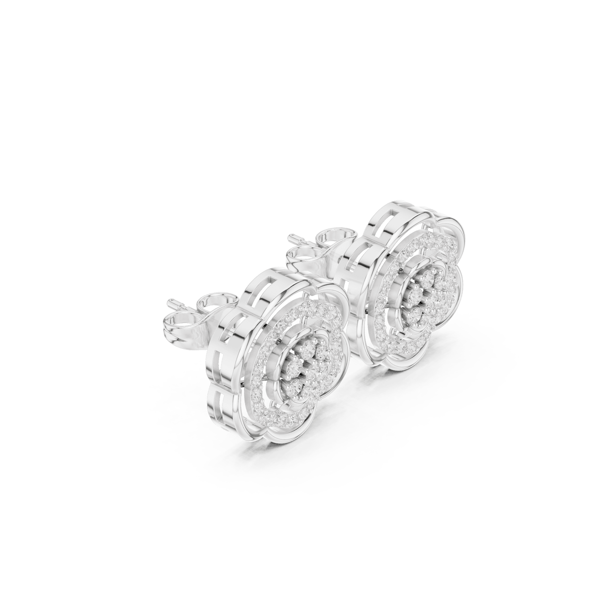 Intricate Double Tiered Floral Cluster Diamond Stud Earrings in 925 Silver