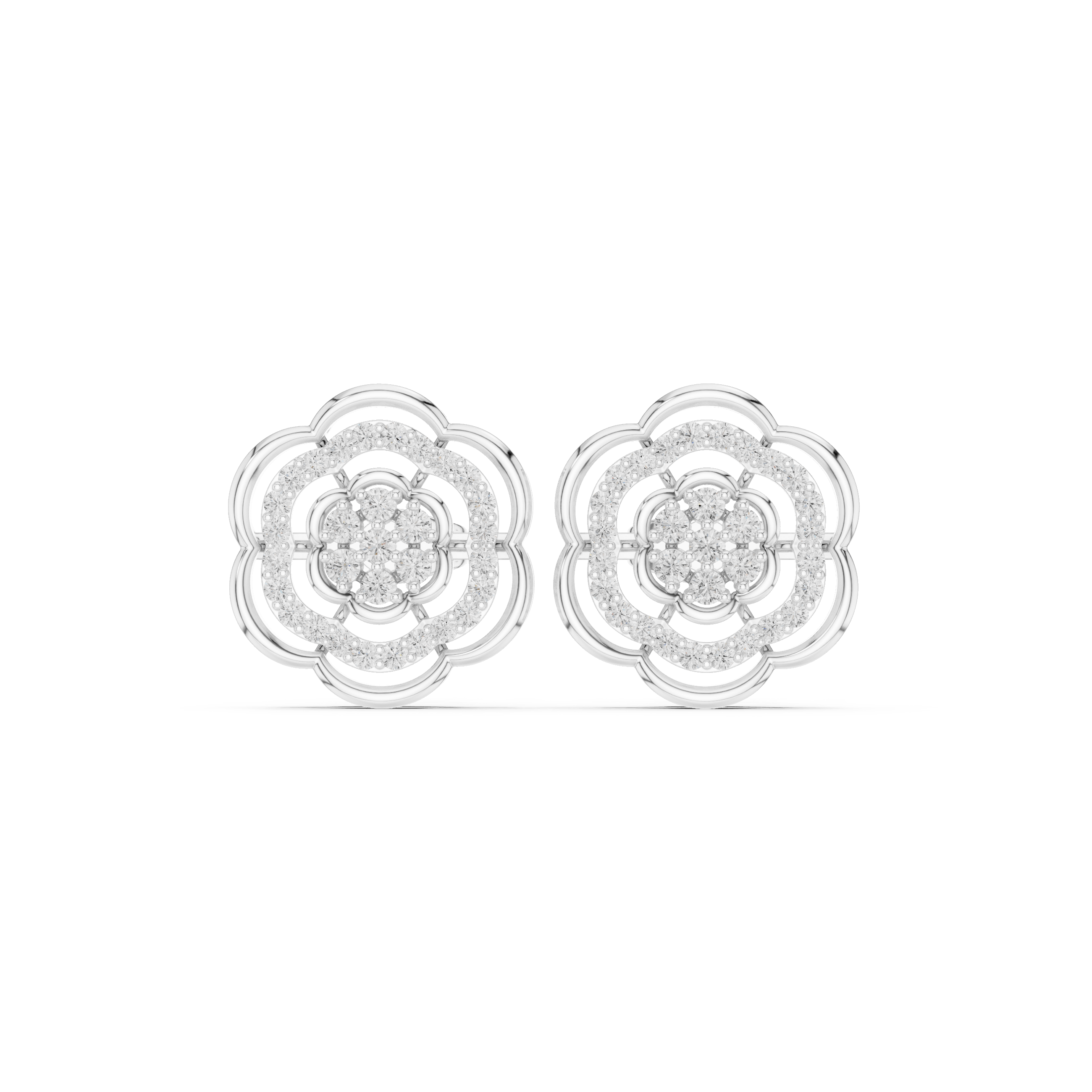 Intricate Double Tiered Floral Cluster Diamond Stud Earrings in 925 Silver